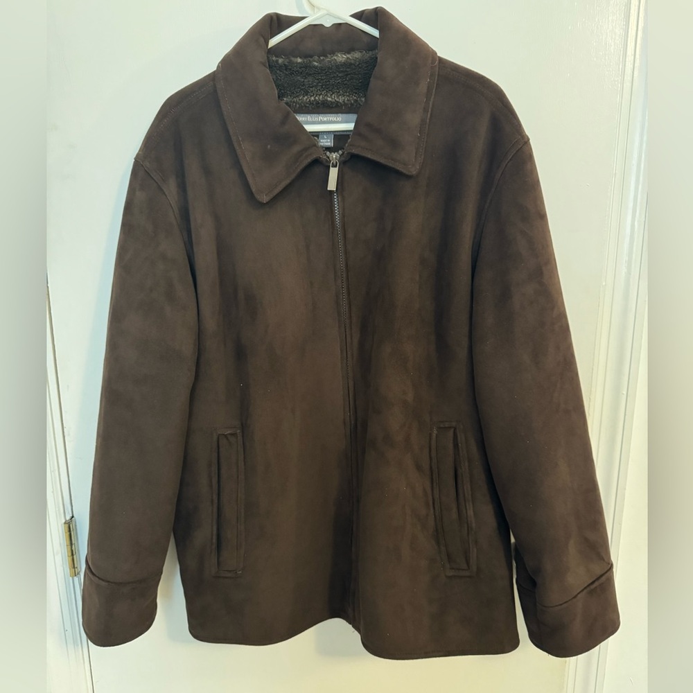 COPY - Suede Brown Zip Up Collar Coat Perry Ellis Portfolio Fur Lining Size L S…